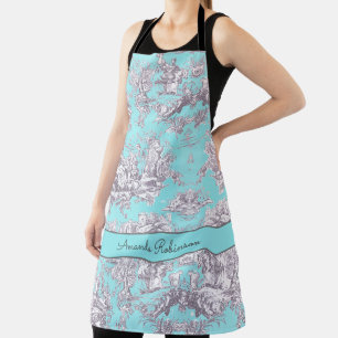Vintage floral aqua blue toile de jouy monogram apron
