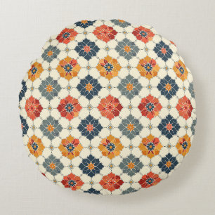 Vintage Floral Arabesque Tile Pattern Round Pillow