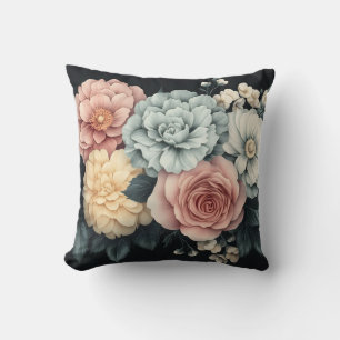 Vintage Floral Arrangement on Black Background Throw Pillow