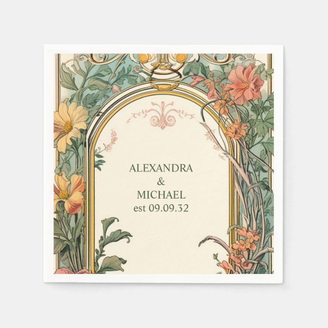 Vintage Floral Art Nouveau Wedding Napkin (Front)