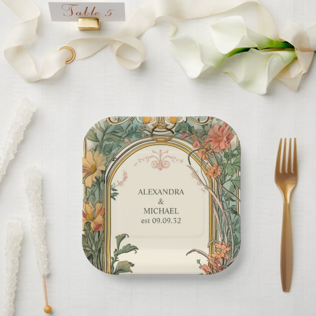 Vintage Floral Art Nouveau Wedding Paper Plate (Wedding)