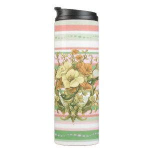 Vintage Floral art with Pink Stripes Thermal Tumbler