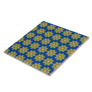Vintage floral art yellow and blue flowers tile