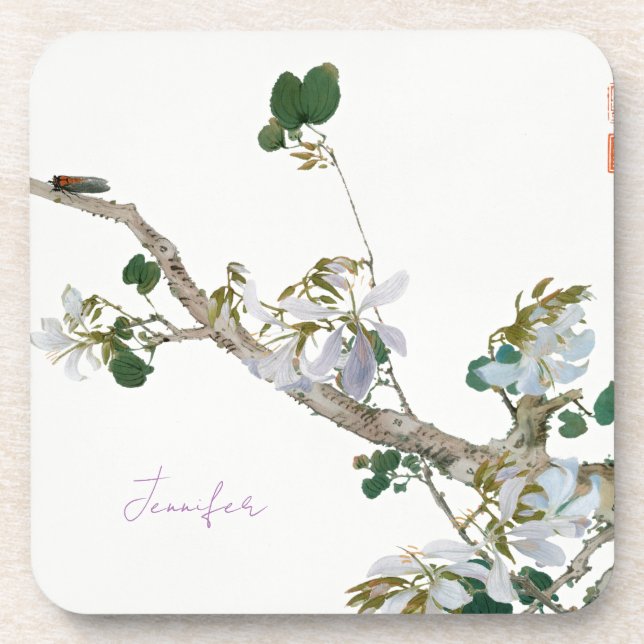 Vintage Floral Asian Style Lithograph Name Coaster (Front)