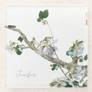 Vintage Floral Asian Style Lithograph Name Glass Coaster