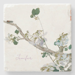 Vintage Floral Asian Style Lithograph Name Stone Coaster