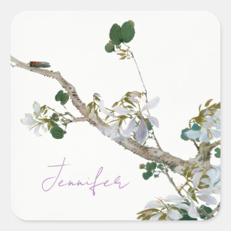 Vintage Floral Asian Style Pastel Colours Name Square Sticker
