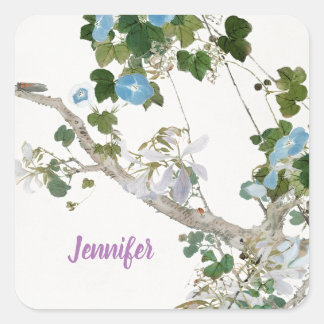 Vintage Floral Asian Style Pastel Colours Name Square Sticker