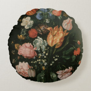 Vintage Floral Baroque, Vase of Flowers in a Niche Round Pillow