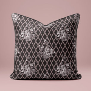 Vintage Floral Basket Throw Pillow in Charcoal Gra