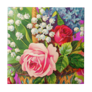 Vintage Floral Basket Watercolor Tile