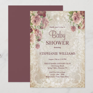 Vintage Floral, Beads & Damask Baby Shower Invitation