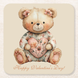 Vintage Floral Bear With Heart Square Paper Coaster