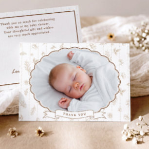 Vintage Floral Beige Tan Oval Photo Baby Shower Thank You Card