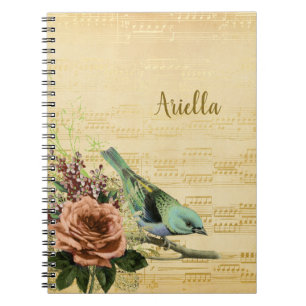 Vintage Floral Bird Gold Music Personalized Name Notebook