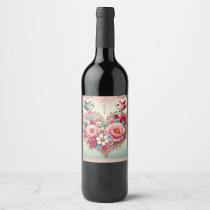 Vintage floral/bird/heart Valentine's Day Wine Label