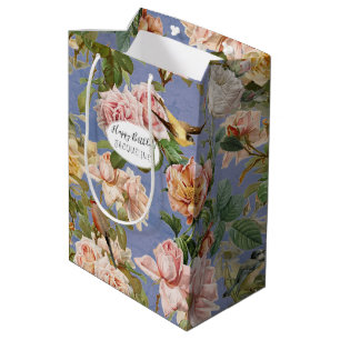 Vintage Floral Birds Blue Birthday Cottagecore Medium Gift Bag