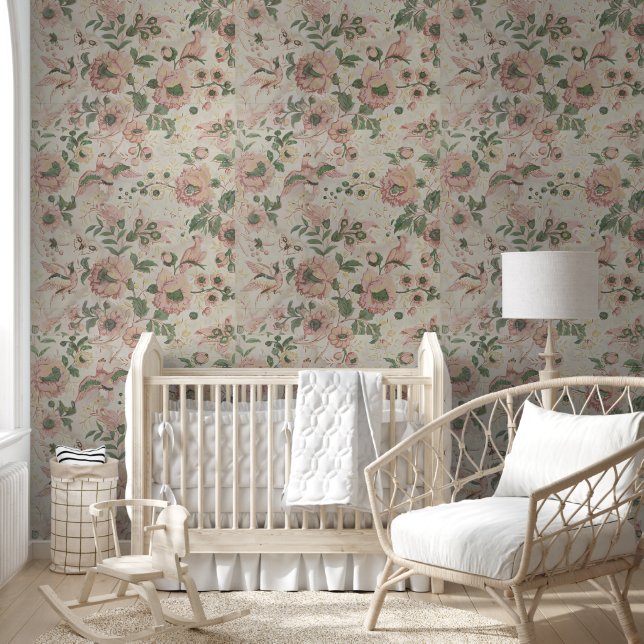 Vintage Floral Birds in Soft Pastels Wallpaper (Kids)