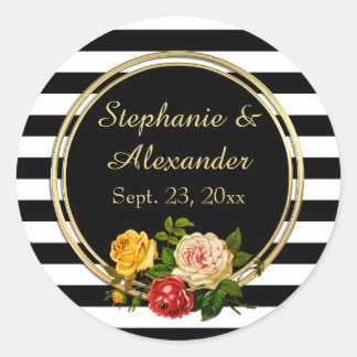 Vintage Floral Black and White Stripe Personalized Classic Round Sticker
