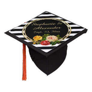 Vintage Floral Black and White Stripe Personalized Graduation Cap Topper