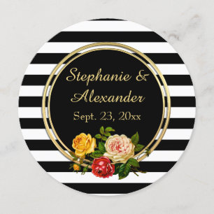 Vintage Floral Black and White Stripe Personalized Invitation