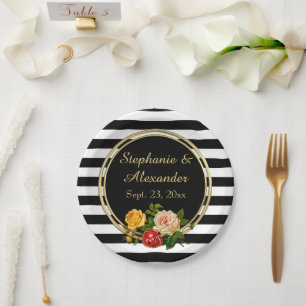 Vintage Floral Black and White Stripe Personalized Paper Plate
