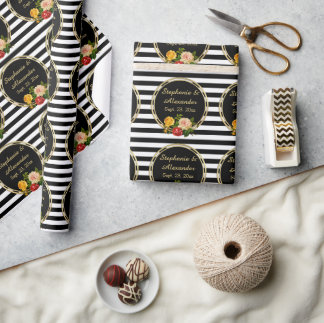 Vintage Floral Black and White Stripe Personalized Wrapping Paper