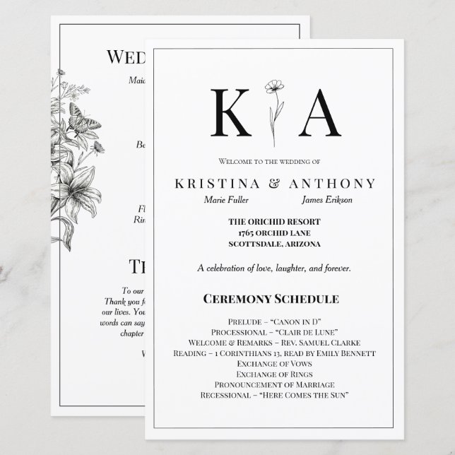 Vintage Floral Black and White Wedding Program (Front/Back)