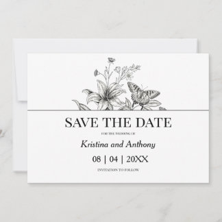 Vintage Floral Black and White Wedding Save The Date