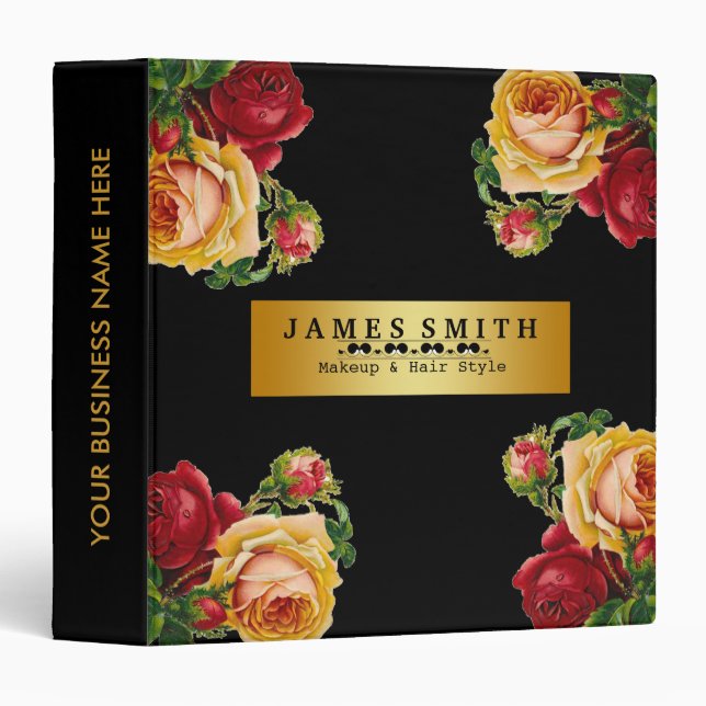 Vintage Floral Black Gold Badge Binder (Front/Spine)