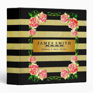 Vintage Floral Black Gold Badge Striped 3 Ring Bin Binder