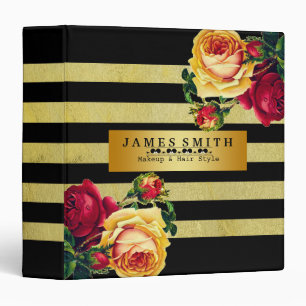Vintage Floral Black Gold Badge Striped Binder
