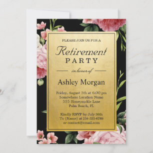Vintage Floral Black Gold Classy Retirement Party Invitation