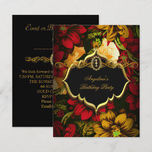 Vintage Floral Black Gold Red Birthday Party Invitation