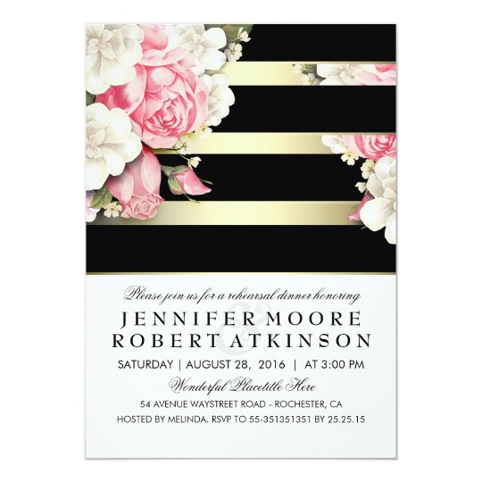 Vintage Floral Black Gold Stripes Rehearsal Dinner Card