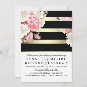 Vintage Floral Black Gold Stripes Rehearsal Dinner Invitation