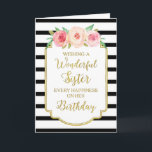 Vintage Floral Black Stripes Sister Birthday Card<br><div class="desc">Birthday card for sister with vintage pink and peach watercolor flowers,  black and white stripes,  gold rustic frame,  rustic handwritten style text and thoughtful verse.</div>