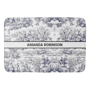 Vintage floral black toile de jouy monogram bath mat