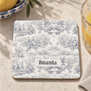 Vintage floral black toile de jouy monogram stone coaster