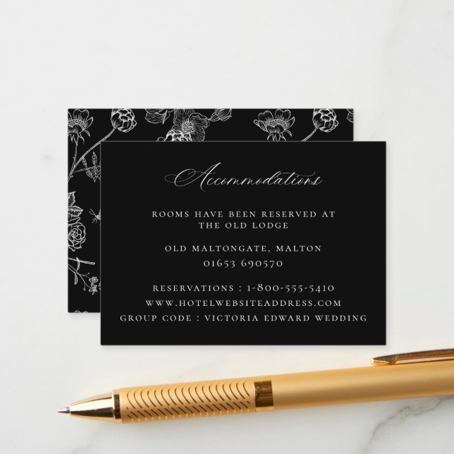 Vintage Floral Black Wedding Accommodations Enclosure Card (Front/Back In Situ)