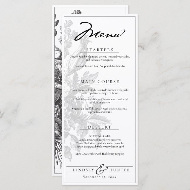 Vintage Floral Black & White Romantic Wedding Menu (Front/Back)