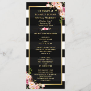 Vintage Floral Black White Striped Wedding Program