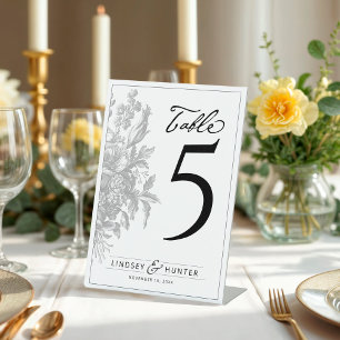 Vintage Floral Black & White Wedding Table Number Pedestal Sign