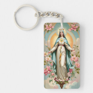 Vintage Floral Blessed Mother Mary Catholic  Keychain