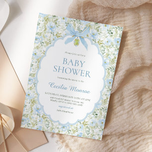 Vintage Floral Blue Bow Baby Boy Shower Invitation