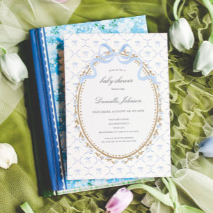 Vintage Floral Blue Bows Boy Baby Shower Invitation