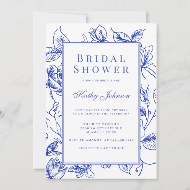 Vintage Floral Blue Chinoiserie Bridal Shower  Invitation (Front)