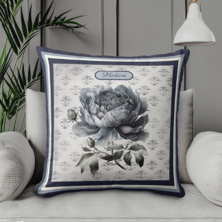 Vintage floral Blue chinoiserie toile monogram Throw Pillow
