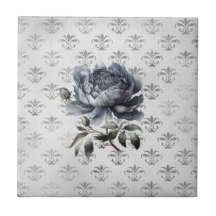 Vintage floral Blue chinoiserie toile monogram  Tile