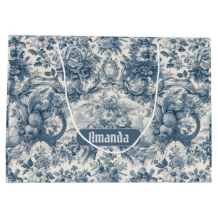Vintage Floral Blue Damask Toile Monogram Large Gift Bag